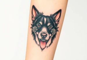 black merle austrailian cattle dog with succulents and flowers surrounding her head tattoo idea