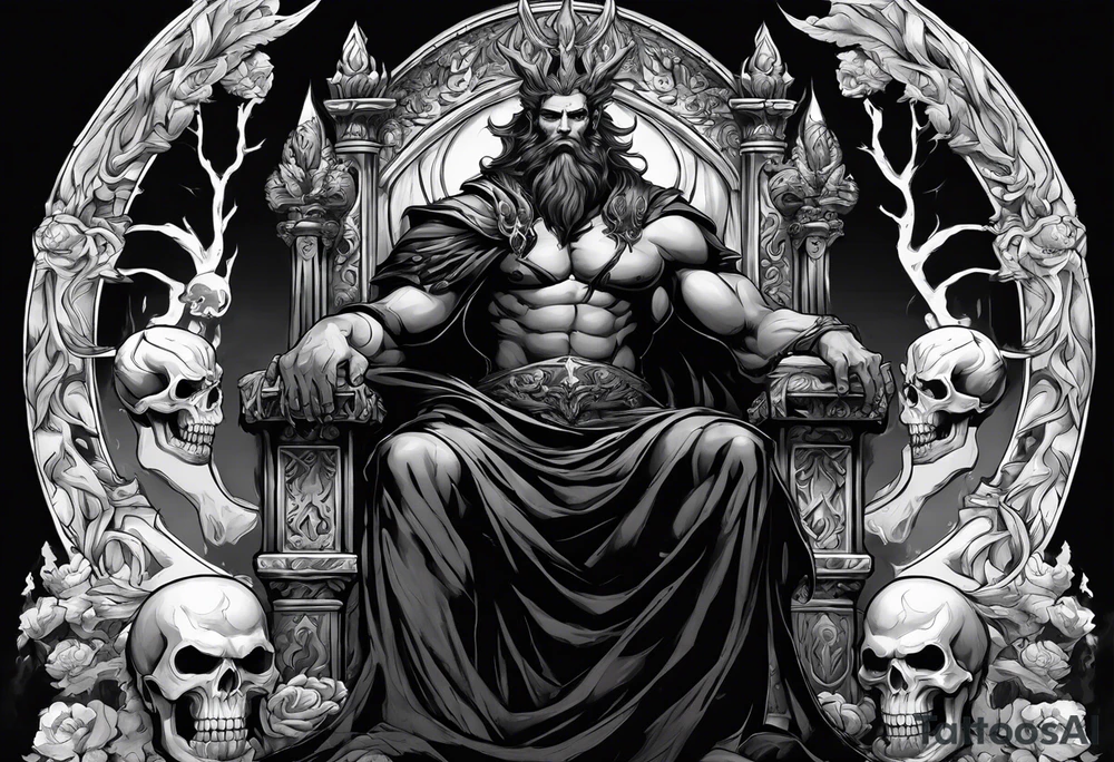 Style is sketch work depiciting the god hades sitting on a throne in the underworld.  He's young and muscluar and holding his bident.  His thrown and crown indicates his realm with bones and skulls.  This is overlaid with watercolor shading giving the appearance of fire. tattoo idea