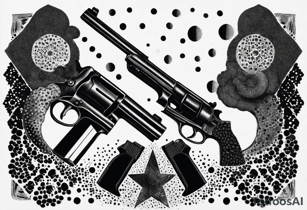 A reflection of two siloets holding guns at two siloets dead tattoo idea