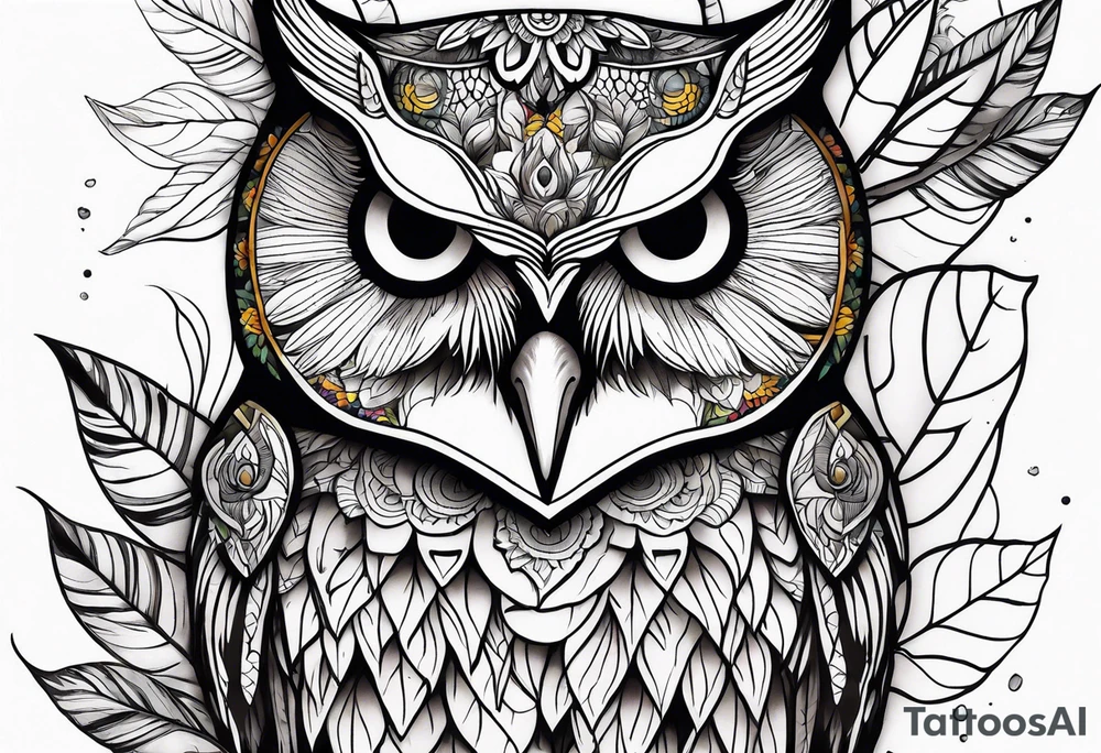 Leg sleeve with colorful sunflowers and an owl tattoo idea