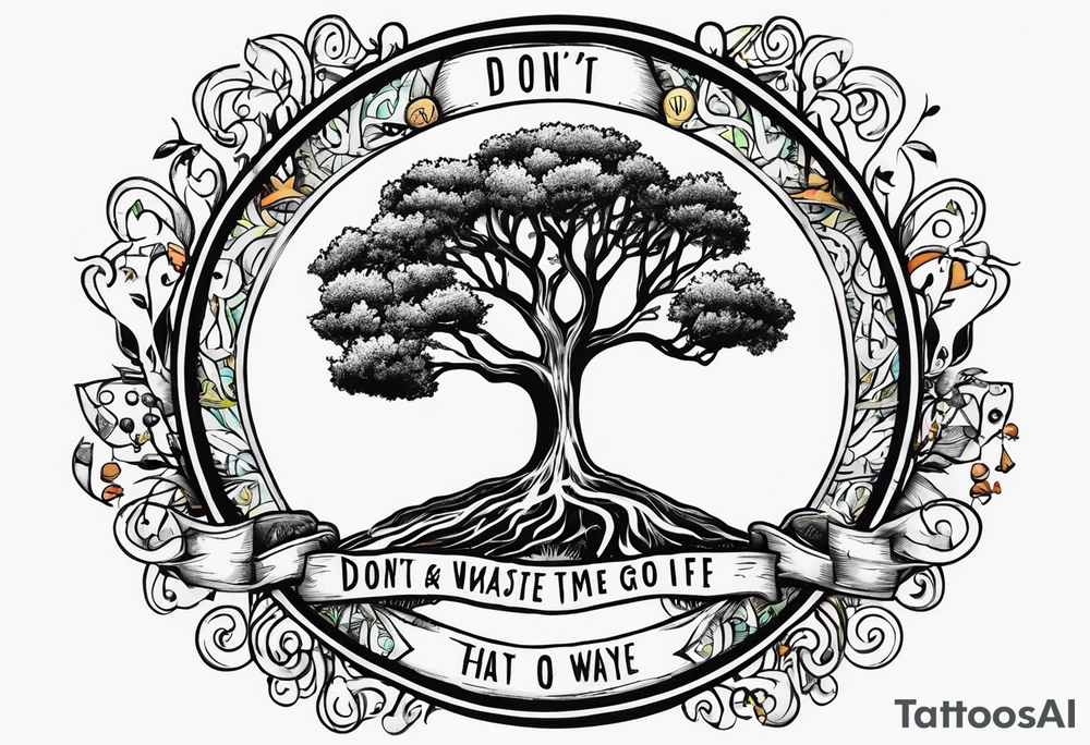 Circle of text on the hand of: don't waste tour time looking back youre not going that way. With a tree of life tattoo idea