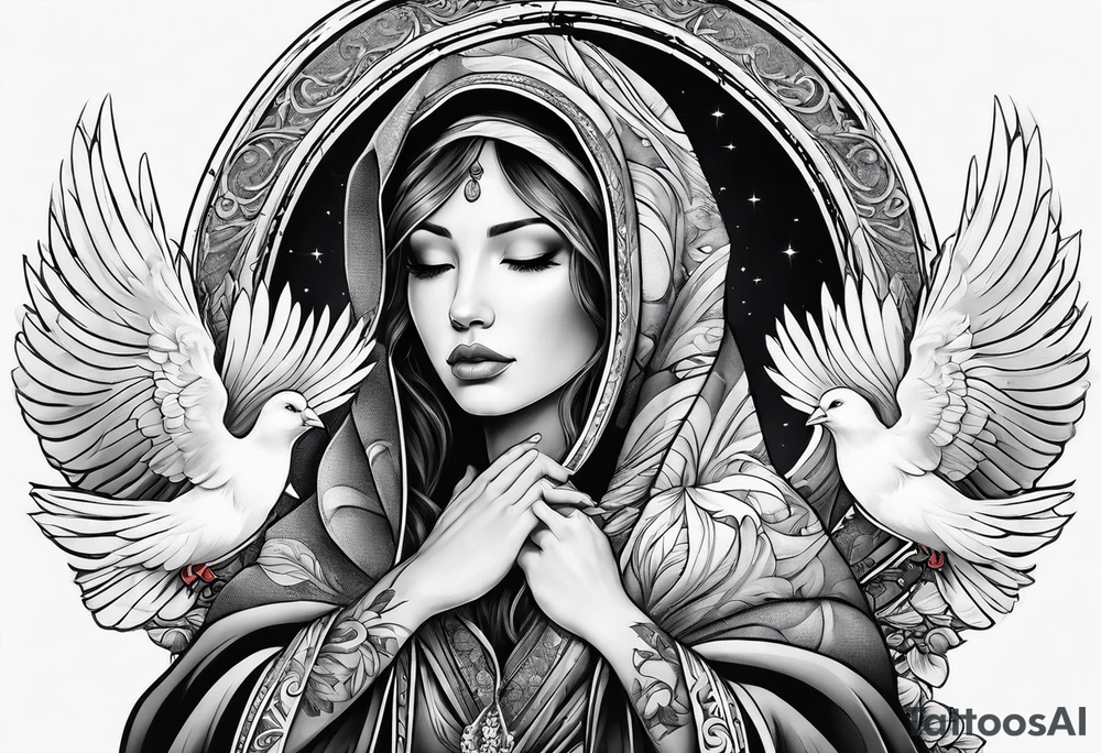 Praying woman in cloak with doves full sleeve tattoo idea