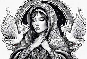 Praying woman in cloak with doves full sleeve tattoo idea