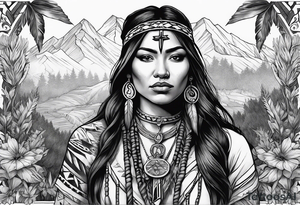 War Native American holding a cross nacklace with plants and nature behind her, half sleeve tattoo idea