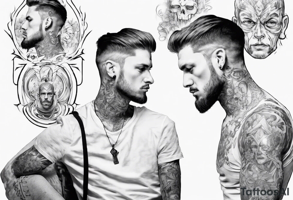 man looking into mirror, seeing his younger self tattoo idea