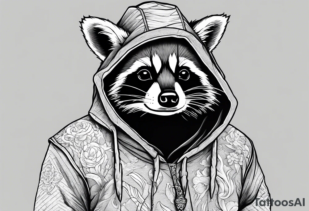 raccoon wearing a Superman hoodie tattoo idea