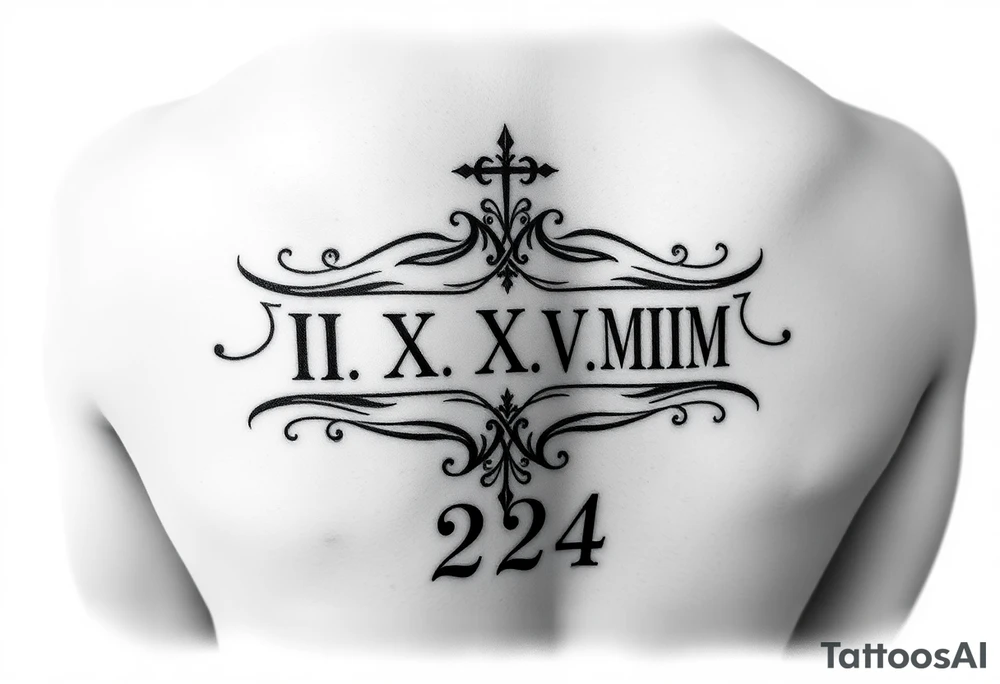 Create tattoo design with equal representation of both Roman numeral dates (IX.IX.MM and II.XXV.MMIII) in a balanced and symmetrical layout, along with the number 224. Let me know if you’d like any modifications! Inside the arm tattoo idea