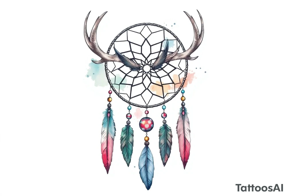 Dreamcatcher made from deer antlers with feathers and beads hanging off it tattoo idea