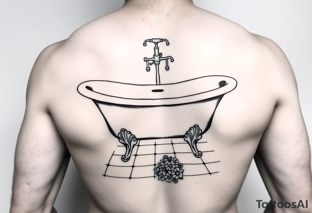 clawfoot bathtub with visible tile bathroom floor and a small bouquet of flowers on the floor tattoo idea