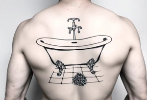 clawfoot bathtub with visible tile bathroom floor and a small bouquet of flowers on the floor tattoo idea