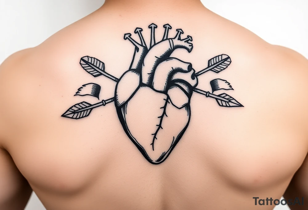 anatomical heart pierced by ornate arrow with flowing ribbons tattoo idea