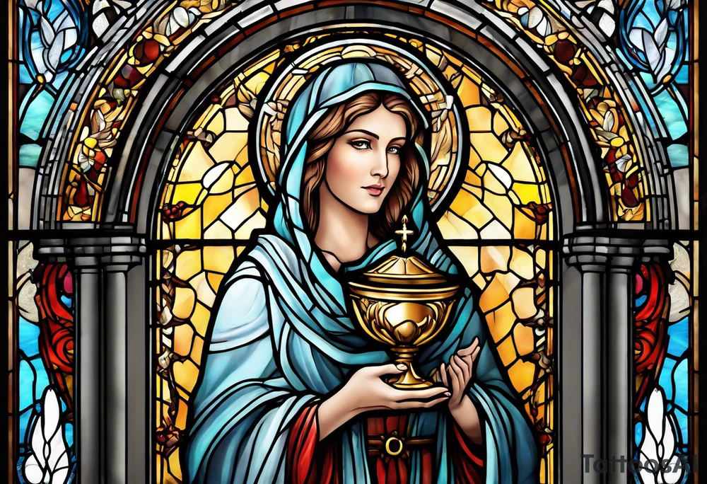 holy saint woman with halo stained glass holding a chalice with artillery tattoo idea
