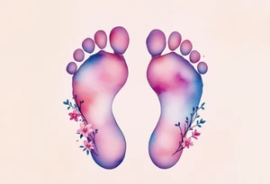 Soft pink and white footprints of Nikol, with a crown of little flowers around the prints, representing her royal and sweet essence. tattoo idea