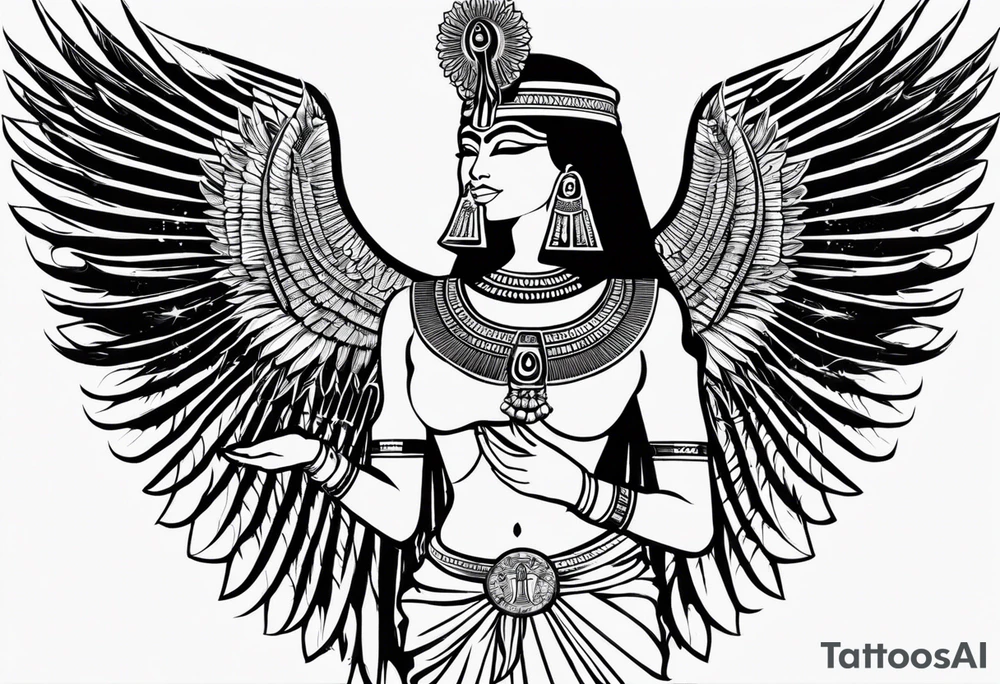 black and white Egyptian goddess Isis, who is often depicted as a woman with outstretched wings, holding an ankh (a symbol of life) in one hand and a lotus flower in the other. Her headdress often includes a throne or a solar disk. The tattoo design can vary in style and size, but it typically aims to capture the essence of this revered Egyptian deity, emphasizing her beauty, power, and maternal qualities. The choice of colors and additional elements can also be customized to create a unique and visually striking representation of the goddess Isis tattoo idea