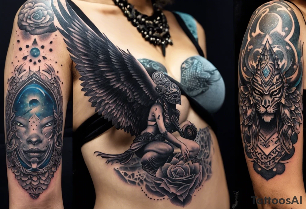 black kali, goddess pirate, alien, angel, pachamama, valkrye, warrior, flying, skull, lotus azul, wing, eagle, zenza resonance, stars, 5D, anahata chakra, death, durga, riding on a tiger, flying lady, chest tatoo tattoo idea