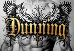 Dunning, details include bold strong font, gold highlights, theme of wealth and angel wings, Trees tattoo idea