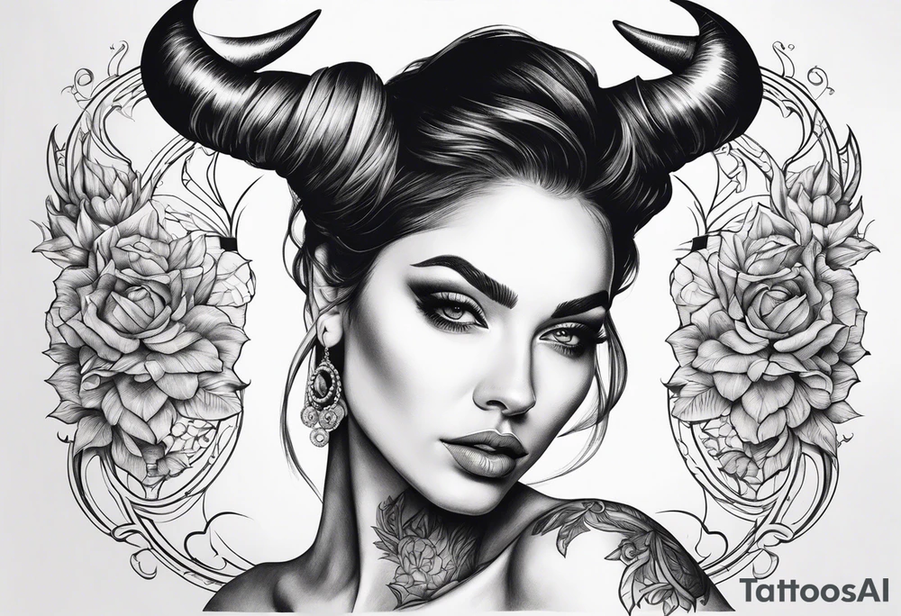 curved horns facing downwards dark realism beautiful woman looking
front facing view with tattoo idea
