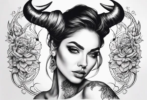 curved horns facing downwards dark realism beautiful woman looking 
front facing view with tattoo idea