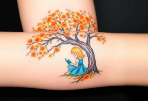 An orange tree full of flowers. Under the tree, a little blond girl wearing a blue dress sitting while reading. 


. tattoo idea