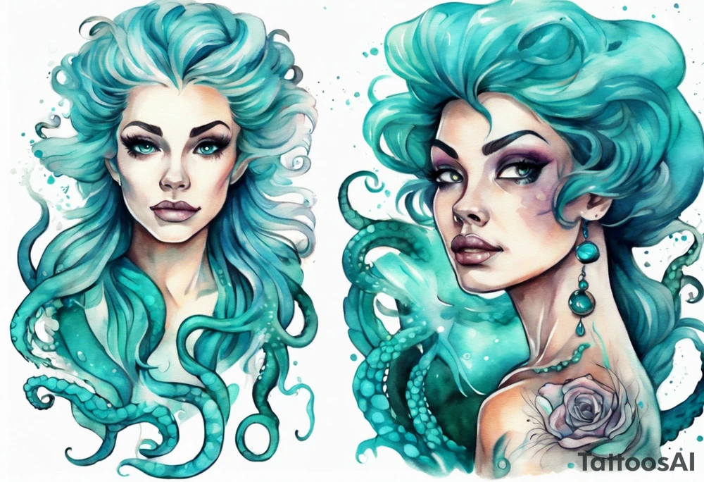 Ursula but young and beautiful, with turquoise tentacles tattoo idea