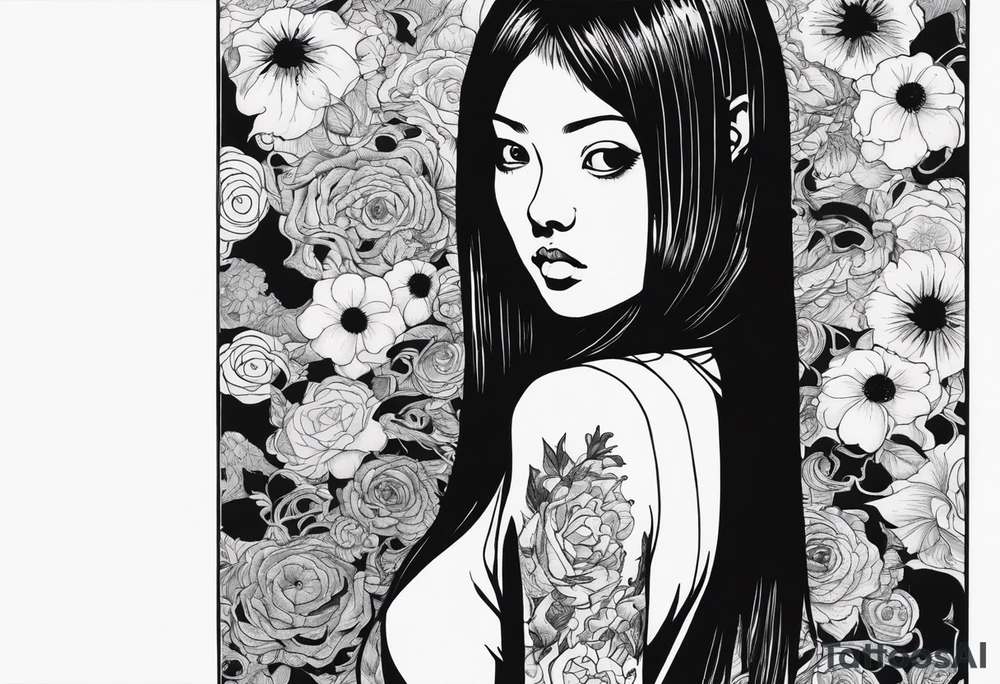 portrait of tomie standing up a character by the horror author junji ito full body standing menacingly.  a mole below her left eye.  add more horror and gore elements tattoo idea