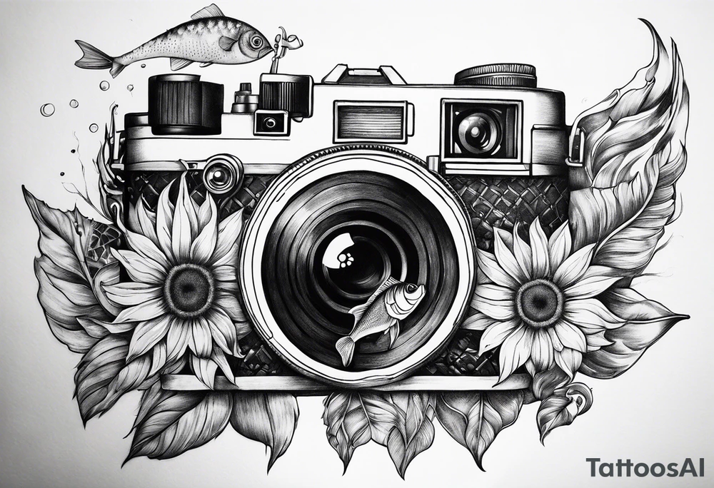 sunflower, camera, fish, moon tattoo idea
