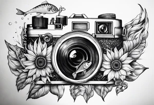sunflower, camera, fish, moon tattoo idea
