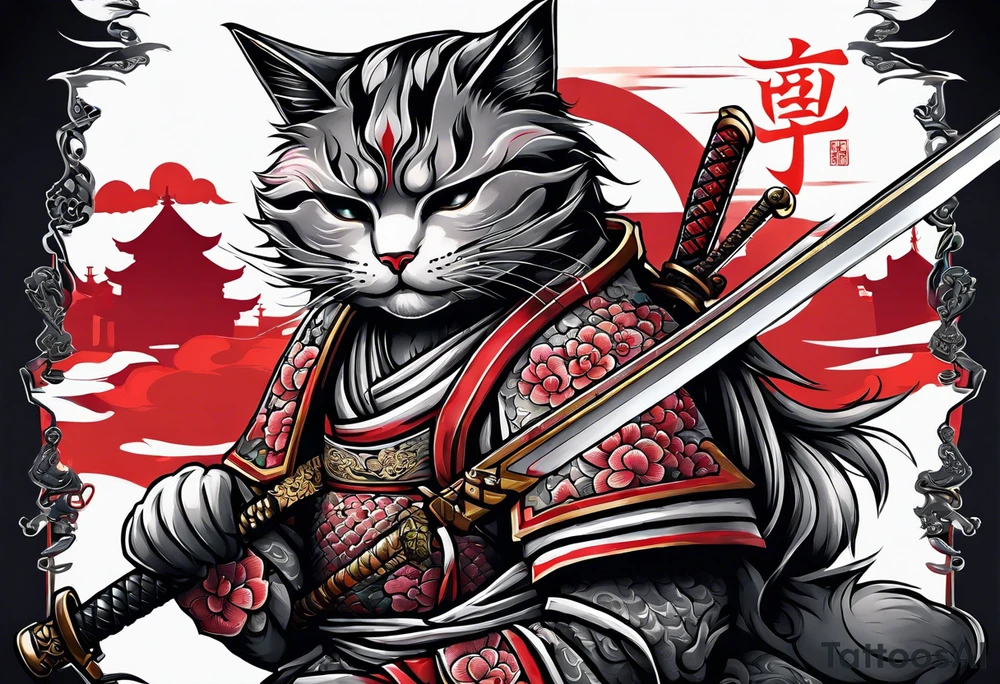 A bloody Samurai cat holding a sword tattoo idea