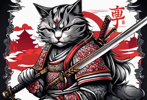 A bloody Samurai cat holding a sword tattoo idea