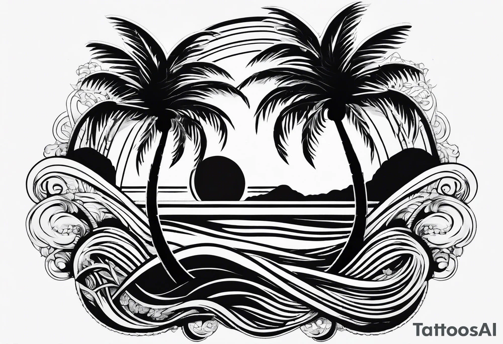 palm tree front of a sun and waves tattoo idea palm tree front of a sun and waves tattoo idea