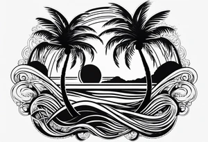 palm tree front of a sun and waves tattoo idea