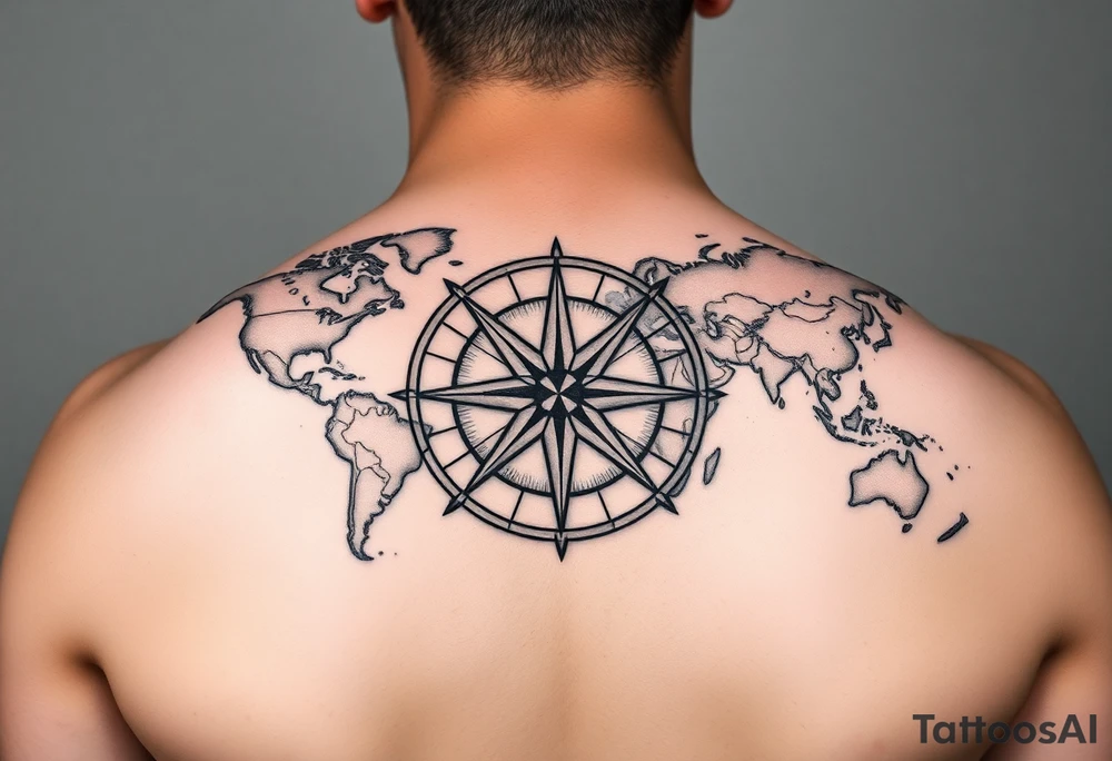antique compass rose overlaid on weathered world map with sailing ships tattoo idea