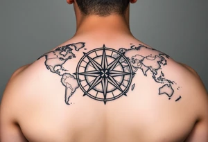 antique compass rose overlaid on weathered world map with sailing ships tattoo idea