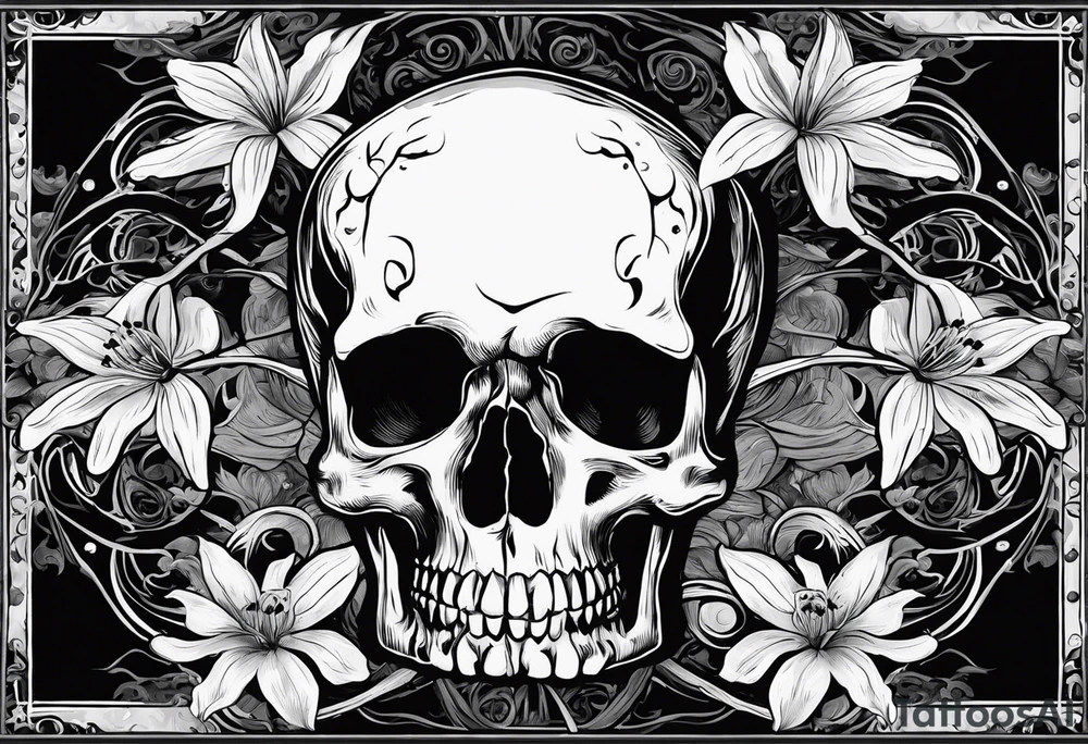 Tarot card with Vincent Van Gogh's painting Skull with a Burning Cigarette. The boarders of the tarot card should be simple with spider lilies in each corrner which go beyond the boarder. The smoke fromthe cigarette should also go beyond the boarder tattoo idea