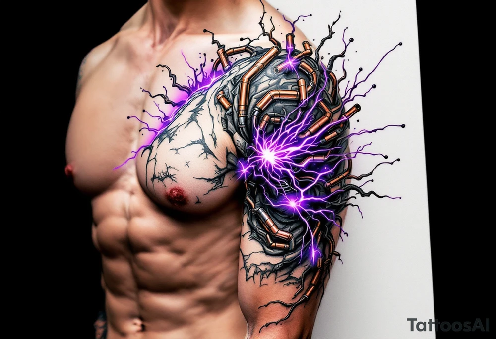 A vibrant design featuring copper tubes and violet plasma lines integrated into the skin’s anatomy. tattoo idea