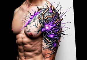 A vibrant design featuring copper tubes and violet plasma lines integrated into the skin’s anatomy. tattoo idea