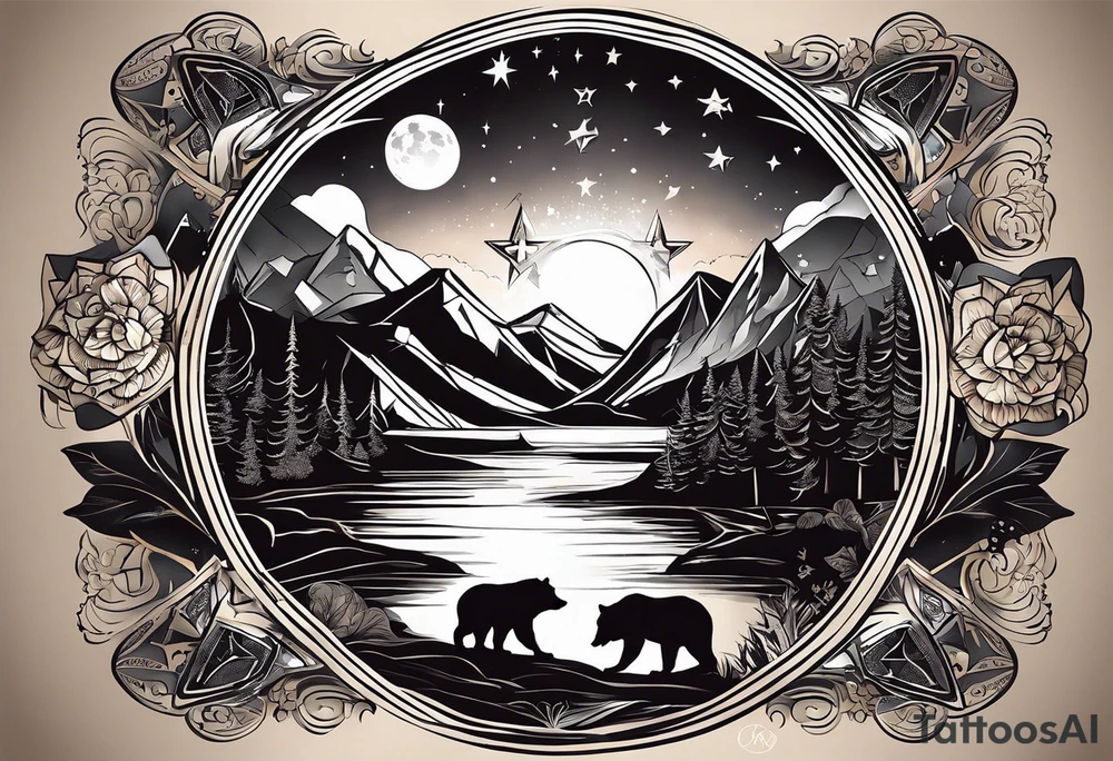 Full sleeve tattoo. The design should include space, stars, forest, sunset, mountains, cliffs, waterfall, water, ocean, wild animals (bear, wolves, elephant), and inserts of triangles and geometric figures. I have two children – a son, Sergei (the eldest), and a daughter, Anna, who live with me and my wife. But I also have another daughter, Marianna, whom I haven't seen for a long time and eagerly await to meet. The tattoo should symbolize love and protection for my children and family, the desire to secure their future, and confidence in tomorrow. It should reflect the notion of not looking back, but always moving forward and achieving goals! tattoo idea
