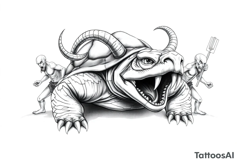 A giant and his 2 slaves powerful and angry turtle with goat horns and huge teeth tattoo idea