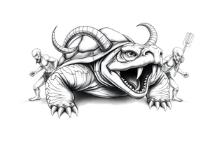 A giant and his 2 slaves powerful and angry turtle with goat horns and huge teeth tattoo idea