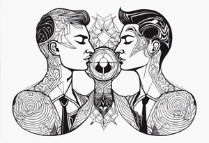 Men's chest tatto with two psychedelic entities facing each other, meaning that only  their sides are visible. Very mininalistic and more abstract rather than realistic tattoo idea