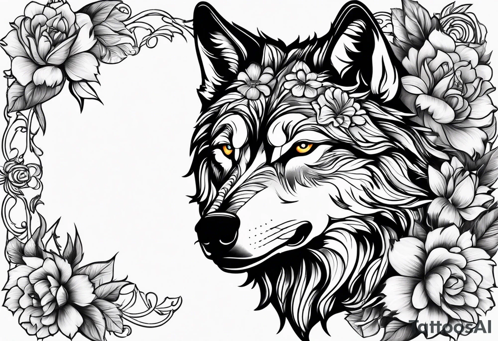 Wolf head with flowers tattoo idea