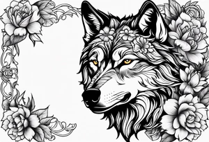 Wolf head with flowers tattoo idea
