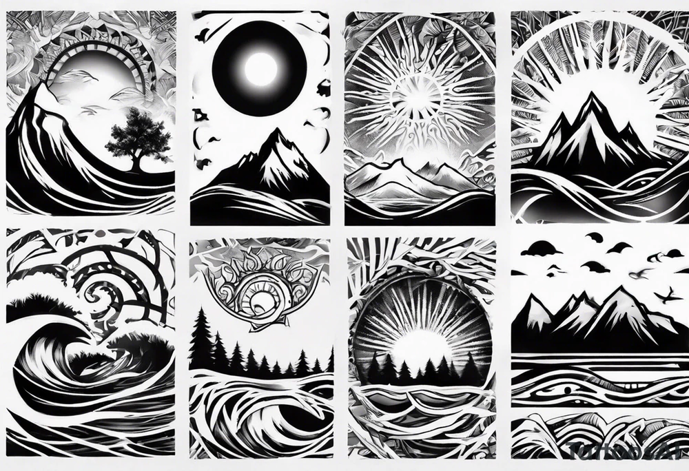 sleeve, mountains, waves, sun, trees tattoo idea