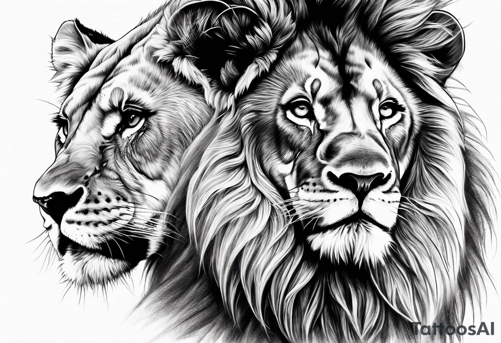 Realistic lion and lioness bonding tattoo idea