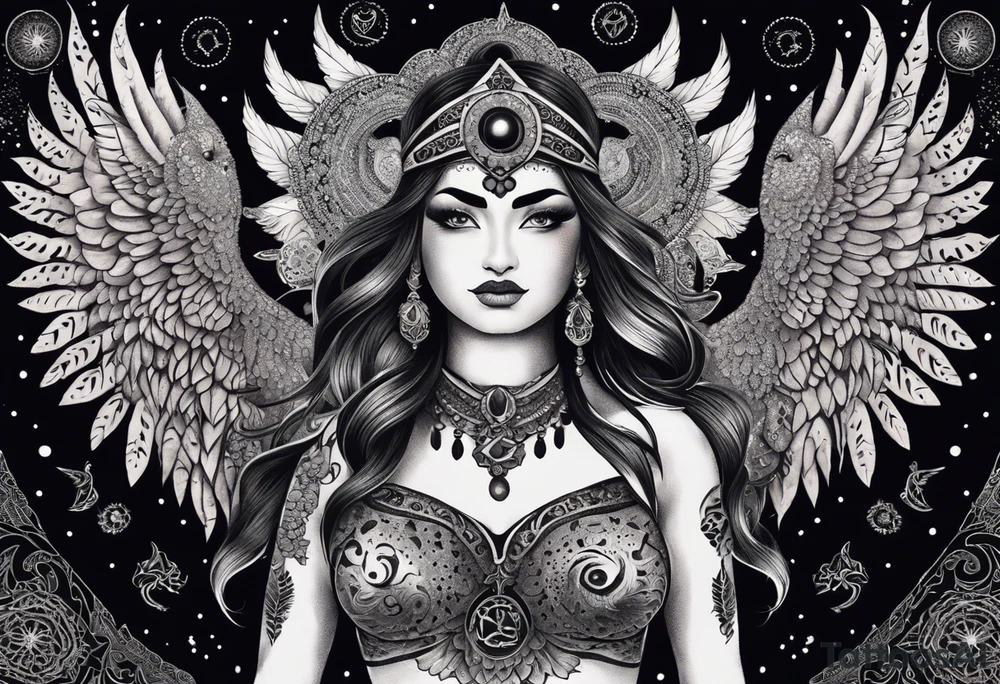 black kali, goddess pirate, alien, angel, pachamama, valkrye, warrior, flying, skull, lotus azul, wing, eagle, zenza resonance, stars, 5D, anahata chakra, death, durga, riding on a tiger, flying lady, kundalini, chest tatoo, samuri, rebel,serpent tattoo idea