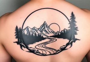 mountains. river and sunrise, let it all be inside one circle. draw a line and divide the circle into two parts, let one part be like day and the other part like night tattoo idea