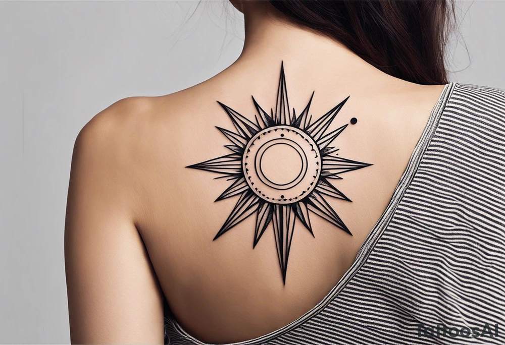 a mixture of minimalist/fine line/tribal/abstract
 tattoo design that is mainly minimalist with fine lines. unique Design of the sun that resembles a connection to the sun. It further resembles the sun's energy. Make it simple to draw and focus on the rays of sunshine
unique shape
simple design
more abstract tattoo idea