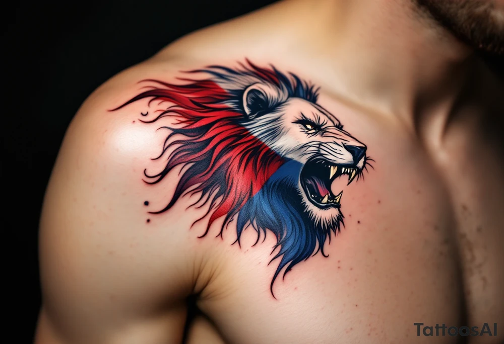 A Czech flag morphing into a roaring lion, symbolizing national pride and strength, with deep red, white, and royal blue tones. tattoo idea