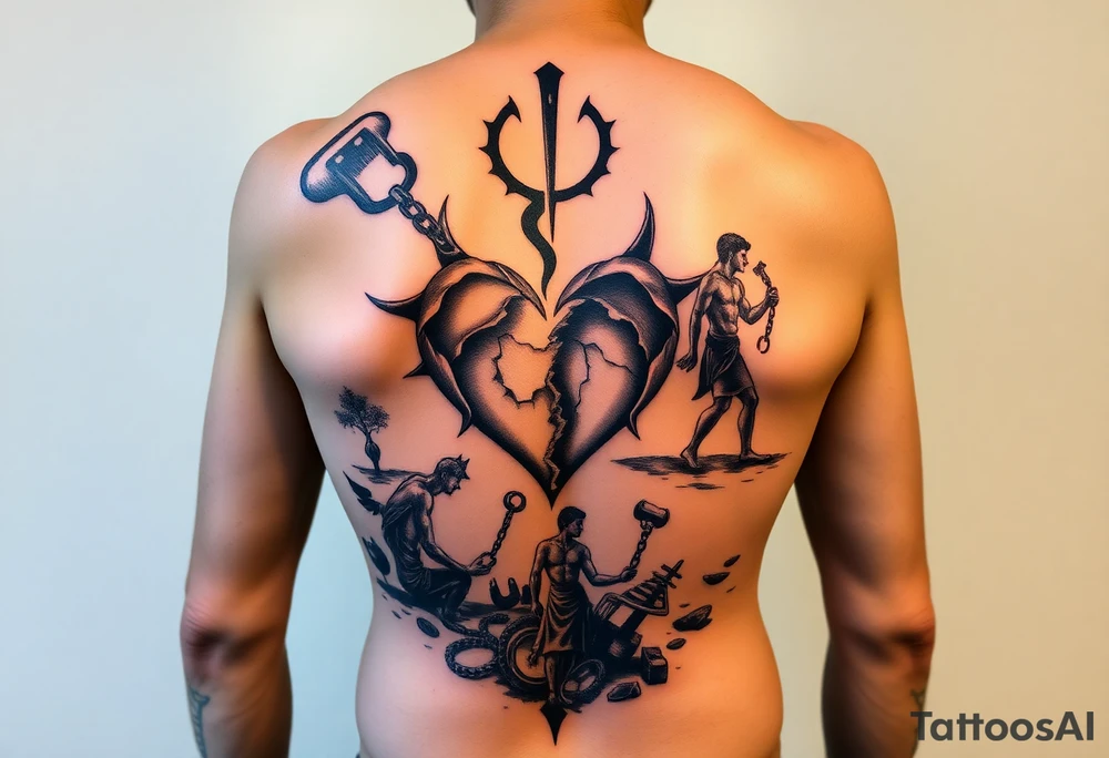 Design a full back tattoo that represents the struggles of betrayal, financial loss, relationship breakup, loss of job, loss of self, and death of a loved one, inspired by Greek mythology and art. The tattoo should be reminiscent of a Greek painting, particularly illustrating the trials of Hercules. Each struggle should be depicted as a symbolic labor, with each one portrayed as a scene on the back. For example:

Betrayal: A scene of a broken, jagged heart surrounded by shadows, with a figure turned away in mistrust.
Financial Loss: A treasure chest overturned, with coins spilling out, and a figure kneeling in despair.
Relationship Breakup: Two intertwined figures tearing apart, with one side showing broken chains or a shattered heart.
Loss of Job: A man in tattered clothing, walking away from a ruined, burning building.
Loss of Self: A figure looking at their shattered reflection in a broken mirror, symbolizing identity lost.
Death of a Loved One: A scene of a person in mourning, standing by a grave, with a winged figure representing the spirit of the deceased.
Ensure the design has an ancient, classical Greek aesthetic, with detailed lines, natural poses, and a narrative flow, similar to the style of ancient Greek pottery or frescoes." tattoo idea