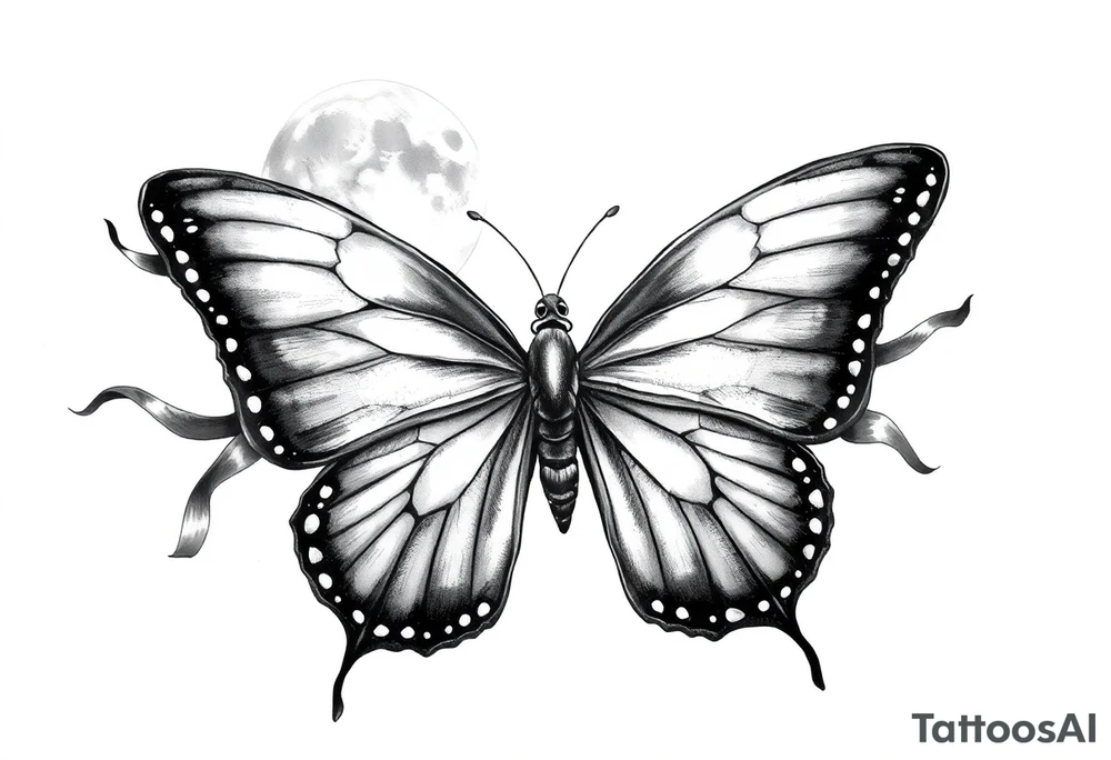ethereal butterfly with flowing silk ribbons in moonlight tattoo idea